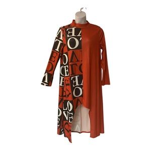 LOVE-Printed Stretch Knit Maxi Knee Length High Low Tunic Long Sleeve Print Top